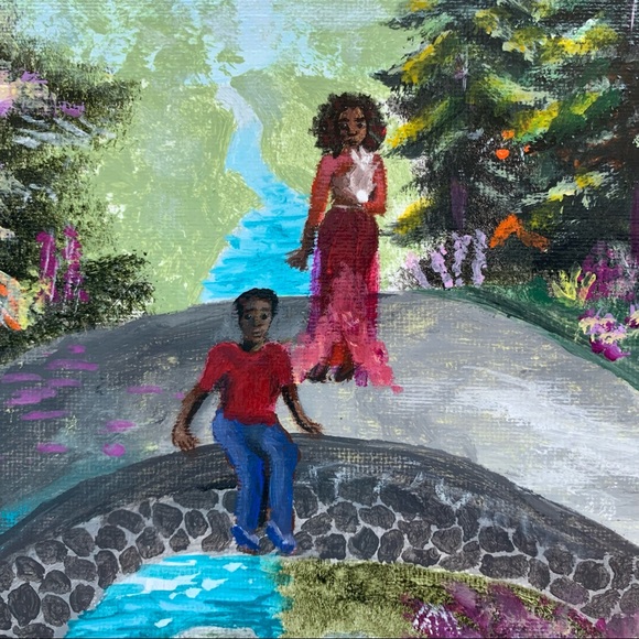 Original magical Garden painting colourful gloss varnished people bridge bunny - Picture 6 of 10